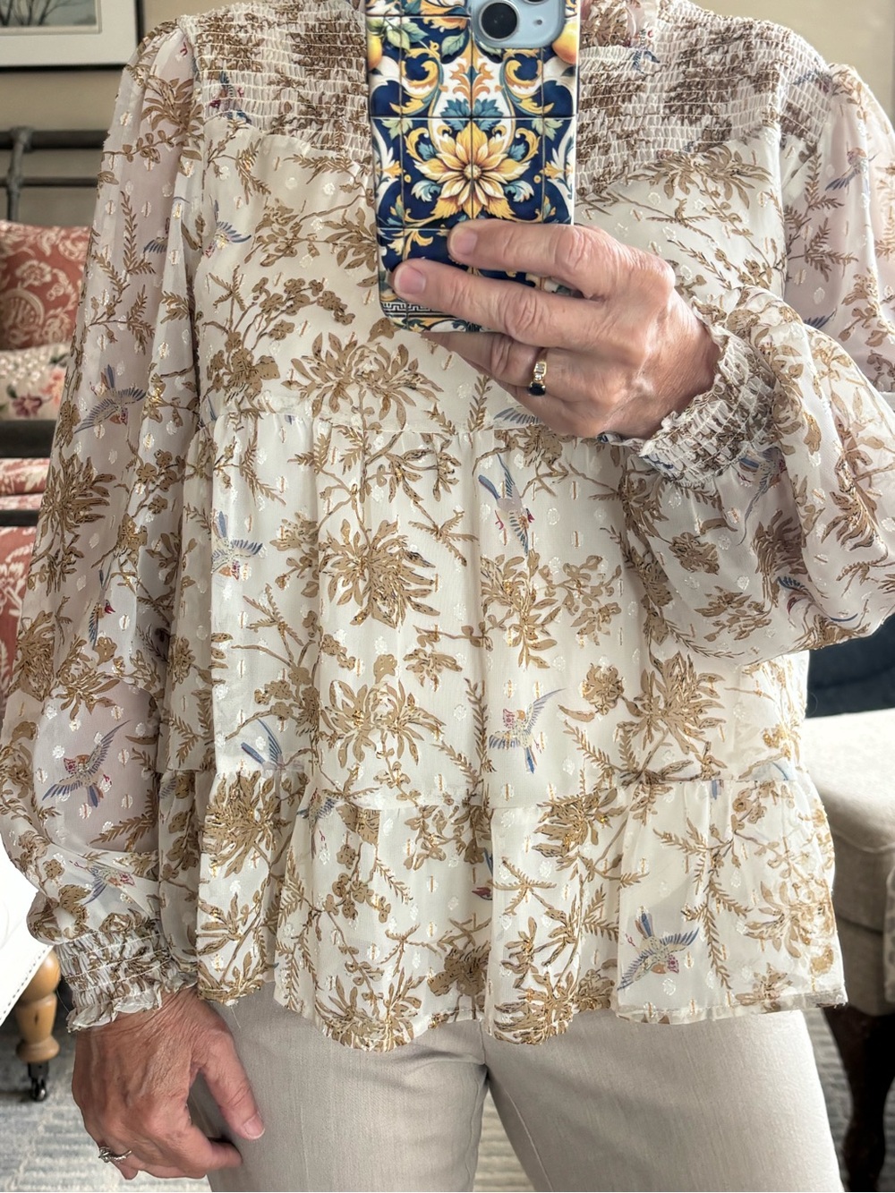 Cream Floral Tiered Blouse with Gold Motif